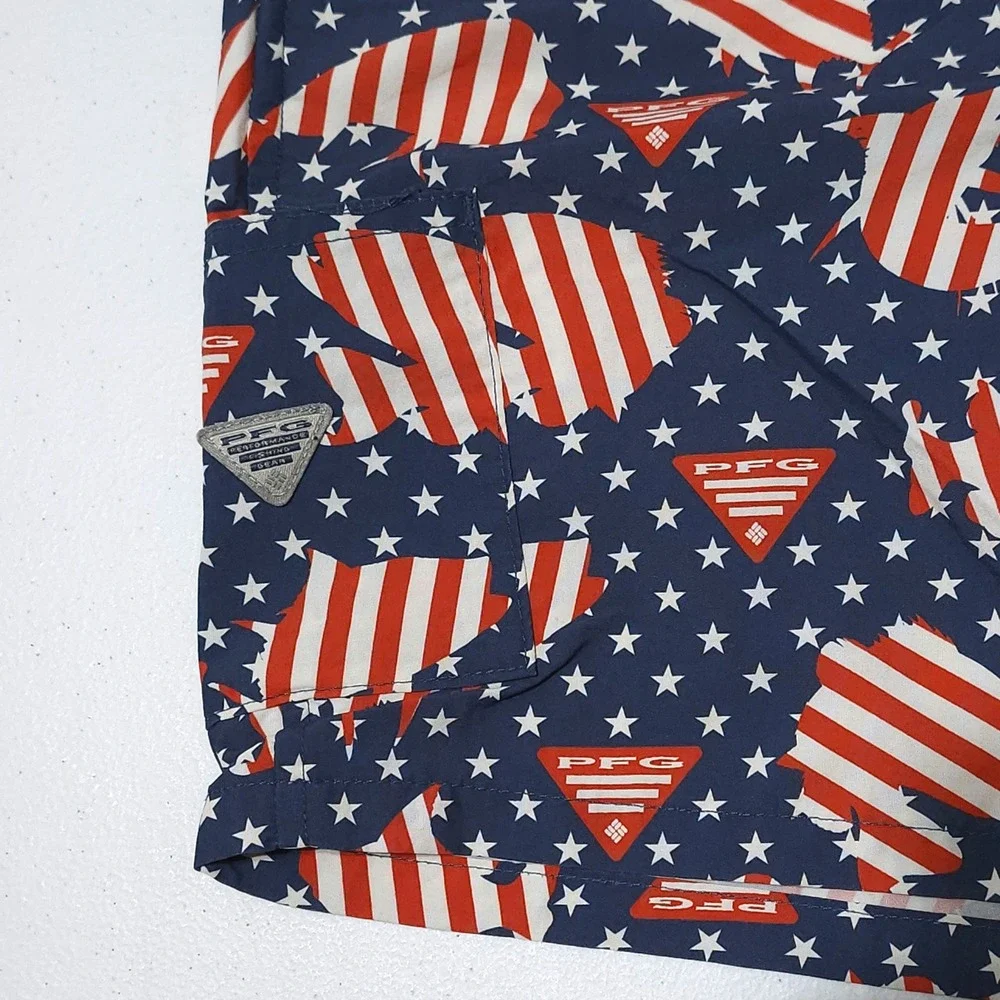 Columbia PFG Nylon Shorts Youth Medium 10/12 Blue Red White Stars Fish Patriotic
